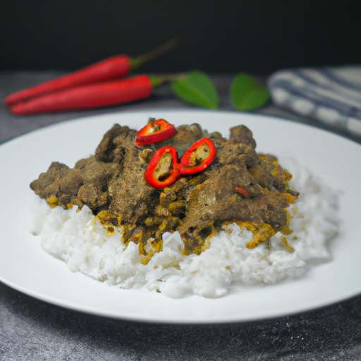 Kuřecí rendang s rýží.