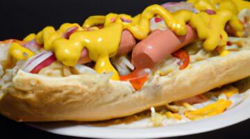 Kuřecí hotdog s cibulí a majonézou.