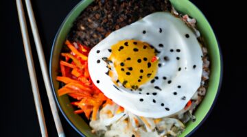 Bibimbap – tradiční korejské směsi rýže se zeleninou a masem.