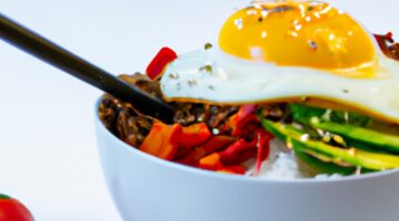 Bibimbap – tradiční směs rýže s grilovaným masem a zeleninou.