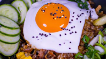 Bibimbap – tradiční korejský směsice rýže s grilovaným masem a zeleninou.