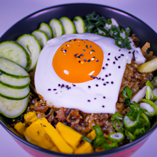 Bibimbap – tradiční korejský směsice rýže s grilovaným masem a zeleninou.