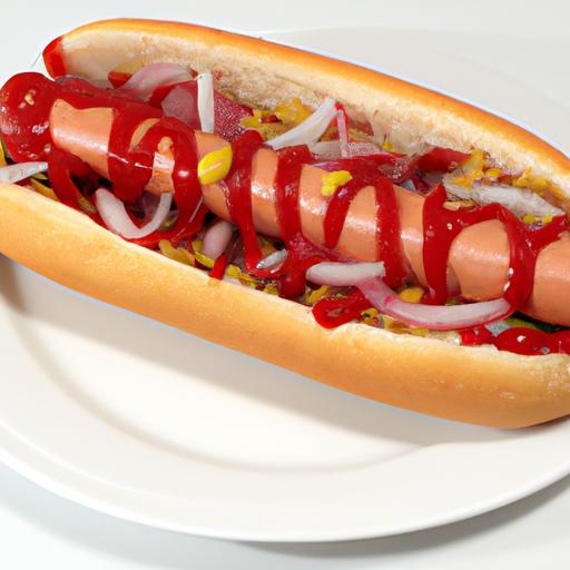 Hot dog s cibulí a červeným kečupem