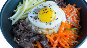 Bibimbap – korejská směs rýže s grilovaným masem a zeleninou