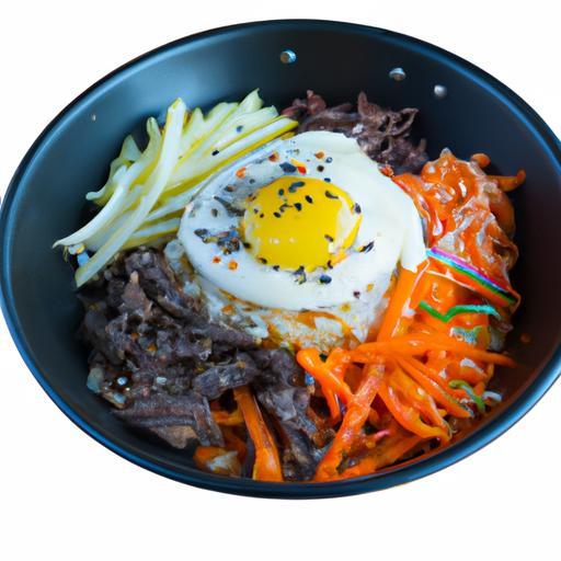 Bibimbap – korejská směs rýže s grilovaným masem a zeleninou